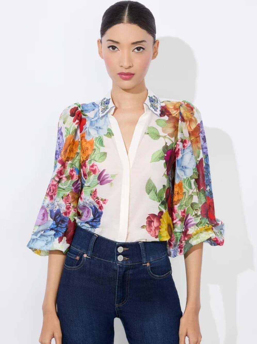 Alice + Olivia Roanne Garden Brunch Off White Blouse Large